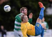 27 April 2013; Jonathan Grant, Carew Park, in action against Anthony Kane, Sheriff YC. FAI Junior Cup Semi-Final, in association with Umbro and Aviva, Sheriff YC v Carew Park, Frank Cooke Park, Dublin. Photo by Sportsfile