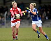 28 April 2013; Angela Walsh, Cork, in action against Aisling Quigley, Laois. TESCO HomeGrown Ladies National Football League, Division 1, Semi-Final, Cork v Laois, Sean Treacy Park, Tipperary Town. Picture credit: Diarmuid Greene / SPORTSFILE