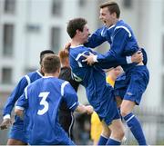 28 April 2013; Dale O'Mahoney, centre, Waterford & District Junior League, celebrates after scoring his side's first goal with team-mate Dessie Hutchinson, right and Robbie Mulligan, no.3. FAI Umbro Youth Inter League Cup Final, Waterford & District Junior League v Wexford Football League, Ozier Park, Waterford. Picture credit: David Maher / SPORTSFILE