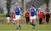 28 April 2013; Aisling Quigley, left, and Noirin Kirwan, Laois, leave the pitch after defeat to Cork. TESCO HomeGrown Ladies National Football League, Division 1, Semi-Final, Cork v Laois, Sean Treacy Park, Tipperary Town. Picture credit: Diarmuid Greene / SPORTSFILE