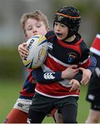 28 April 2013; Finn Egan Barron, Wicklow RFC, is tackled by Calum Aherne, Clontarf RFC, during their U10's Group match in the 2013 Seapoint International Mini Rugby Blitz, the largest rugby mini blitz in Ireland, with over 130 teams taking part. Seapoint RFC, Killiney, Co. Dublin. Picture credit: Brendan Moran / SPORTSFILE