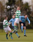 28 April 2013; Eoin Hanrahan, Pike Rovers, in action against David Jackson, Kilbarrack United. FAI Junior Cup Semi-Final, in association with Umbro and Aviva, Kilbarrack United v Pike Rovers, AUL Complex, Clonshaugh, Co. Dublin. Photo by Sportsfile