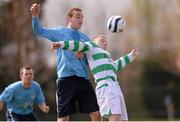 28 April 2013; Patrick Maloney, Pike Rovers, in action against Aaron Humphries, Kilbarrack United. FAI Junior Cup Semi-Final, in association with Umbro and Aviva, Kilbarrack United v Pike Rovers, AUL Complex, Clonshaugh, Co. Dublin. Photo by Sportsfile