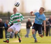 28 April 2013; Mark Townley, Kilbarrack United, in action against Wayne Colbert, Pike Rovers. FAI Junior Cup Semi-Final, in association with Umbro and Aviva, Kilbarrack United v Pike Rovers, AUL Complex, Clonshaugh, Co. Dublin. Photo by Sportsfile
