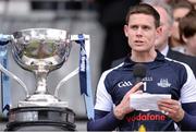 28 April 2013; Dublin captain Stephen Cluxton reads his victory speech afetr being presented with the cup. Allianz Football League Division 1 Final, Dublin v Tyrone, Croke Park, Dublin. Picture credit: Ray McManus / SPORTSFILE