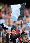 28 April 2013; A young Dublin supporter celebrates a late score from his seat in the Cusack Stand. Allianz Football League Division 1 Final, Dublin v Tyrone, Croke Park, Dublin. Picture credit: Ray McManus / SPORTSFILE