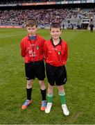 28 April 2013; 'Junior Whistlers' Ethen Keogh, left, aged 12, and Craig Fannin, aged 11, St. Malachys Boys National School, Edenmore, before the game. Allianz Football League Division 1 Final, Dublin v Tyrone, Croke Park, Dublin. Picture credit: Ray McManus / SPORTSFILE