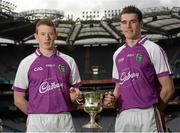 29 April 2013; Cork U21 captain Damien Cahalane, left, and Galway U21 captain Fiontán Ó Curraoin met at Croke Park ahead of the final of the Cadbury GAA Football U21 All-Ireland Championship. The two teams will meet this Saturday, 4th May, in the Gaelic Grounds, Limerick, at 7pm to battle it out to be named Cadbury GAA Football U21 All-Ireland Champions 2013. For more information about Cadbury GAA Football U21Championship, find Cadbury GAA on Facebook www.facebook.com/U21GAAFootball. Croke Park, Dublin Photo by Sportsfile