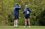 29 April 2013; Leinster head coach Joe Schmidt in conversation with forwards coach Jono Gibbes, left, during squad training ahead of their side's Celtic League 2012/2013 Round 22 match against Ospreys on Friday May 3rd. Leinster Rugby Squad Training and Media Briefing, Rosemount, UCD, Belfield, Dublin. Picture credit: Brendan Moran / SPORTSFILE