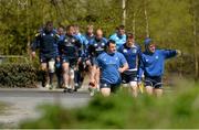 29 April 2013; Leinster's Cian Healy, left, and Ian Madigan lead their team-mates to squad training ahead of their side's Celtic League 2012/2013 Round 22 match against Ospreys on Friday May 3rd. Leinster Rugby Squad Training and Media Briefing, Rosemount, UCD, Belfield, Dublin. Picture credit: Brendan Moran / SPORTSFILE