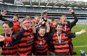 29 April 2013; Members of the victorious St Colmcille's Senior National School team, including Darragh Cullen, 4, Sean Murphy, 20, and Cian Jones, 17, celebrate victory in the Allianz Herald Shield Final. Allianz Cumann na mBunscol Finals, St Laurence's Boys National School, Kilmacud, v St Colmcille's Senior National School, Knocklyon, Croke Park, Dublin. Picture credit: Ray McManus / SPORTSFILE