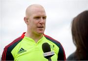 30 April 2013; Munster's Paul O'Connell during an interview following squad training ahead of their Celtic League 2012/13, Round 22, game against Zebre on Friday. Munster Rugby Squad Training, Cork Institute of Technology, Bishopstown, Cork. Picture credit: Stephen McCarthy / SPORTSFILE