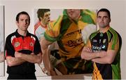 1 May 2013; Tyrone footballer Justin McMahon, left, and Donegal footballer Paul Durcan at the launch of the 2013 Ulster Senior Football & Hurling Championships. Ulster Museum, Botanic Gardens, Belfast, Co. Antrim. Picture credit: Oliver McVeigh / SPORTSFILE