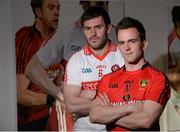1 May 2013; Derry footballer Mark Lynch, left, and Down footballer Mark Poland at the launch of the 2013 Ulster Senior Football & Hurling Championships. Ulster Museum, Botanic Gardens, Belfast, Co. Antrim. Picture credit: Oliver McVeigh / SPORTSFILE