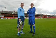 3 May 2013; Eoghan Lougheed, left, Avondale Utd, Cork, and Glenn Madden, Bluebell Utd, Dublin, ahead of the FAI Umbro Intermediate Cup final which takes place on Sunday 12th May in Richmond Park. Richmond Park, Dublin. Picture credit: Barry Cregg / SPORTSFILE