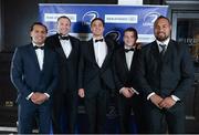 4 May 2013; Leinster players, from lefft, Isa Nacewa, Damian Browne, Quinn Roux, Jack McGrath and Leo Auva'a in attendance at the annual Leinster Rugby Awards Ball which took place in the Mansion House, Saturday evening where Ian Madigan was awarded the Bank of Ireland Leinster Rugby Players' Player of the Year. Barry Murphy was the Master of Ceremonies on a successful sold out night which saluted an outstanding year for the game of rugby in Leinster, with music by The Bentley Boys and The Keynotes. For more information log on to www.leinsterrugby.ie. Leinster Rugby Awards Ball 2013, The Mansion House, Dublin. Picture credit: Brendan Moran / SPORTSFILE