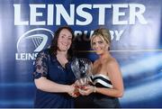 4 May 2013; The Cityjet Ladies Player of the Year is presented to Ailis Egan, who has been an outstanding player for Leinster Women this season, by Gwen Rogan, right, Head of Cabin Crew, Cityjet. Coaches and players enthused about the Old Belvedere tight-head prop's positive attitude and phenomenal work rate on the pitch. Ailis has excelled this year with commanding performances throughout the interprovincial series making her a standout player on any pitch against any opposition that she has played this season. For more information log on to www.leinsterrugby.ie. Leinster Rugby Awards Ball 2013, The Mansion House, Dublin. Picture credit: Brendan Moran / SPORTSFILE