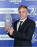 4 May 2013; Ian Madigan has been named the Bank of Ireland Leinster Players Player of the Year at the annual awards ceremony in the Mansion House, Dublin on Saturday evening. The Blackrock College out-half received the coveted award, thus following in the footsteps of recent winners Gordon D'Arcy, Felipe Contepomi, Rocky Elsom, Isa Nacewa and Rob Kearney in front of over 500 guests including; players, coaches, clubs, schools, sponsors and Official Leinster Supporters Club (OLSC) members, representing all parts of the provincial game. Academy graduate Madigan has played an influential role for the province in 28 appearances to date this season (scoring 8 tries and 226 points) and has been a standout performer in Leinster's PRO12 and European campaigns. He also made his Ireland debut against France during this year's Six Nations. For more information log on to www.leinsterrugby.ie. Leinster Rugby Awards Ball 2013, The Mansion House, Dublin. Picture credit: Brendan Moran / SPORTSFILE