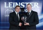 4 May 2013; Leinster Academy back-row forward Jordi Murphy is presented with the Powerade Young Player of the Year award by John Coffey, Powerade. Jordi has been in consistent form for the senior side over the course of the campaign and though sidelined recently with a broken hand, he has featured in 17 games so far this season (scoring three tries) making a timely return in Friday's final round match against Ospreys. The former Ireland Under-20 forward has also featured for the province's march to the British & Irish Cup semi-finals and recently signed a two-year professional contract. For more information log on to www.leinsterrugby.ie. Leinster Rugby Awards Ball 2013, The Mansion House, Dublin. Picture credit: Brendan Moran / SPORTSFILE