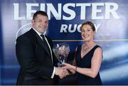 4 May 2013; Mike Ross picked up the Try of the Year award for his effort in the Amlin Challenge Cup quarter final victory over London Wasps, as voted for by readers of the Herald. He is presnted with his award by Claire Grady, Editor of The Herald. For more information log on to www.leinsterrugby.ie. Leinster Rugby Awards Ball 2013, The Mansion House, Dublin. Picture credit: Brendan Moran / SPORTSFILE
