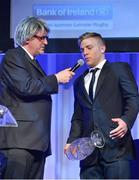 4 May 2013; Leinster's Ian Madigan, the Bank of Ireland Leinster Rugby Players' Player of the Year, is inteerviewed by Gunther Grun, aka comedian Barry Murphy, at the annual Leinster Rugby Awards Ball which took place in the Mansion House, Saturday evening where Ian Madigan was awarded the Bank of Ireland Leinster Rugby Players' Player of the Year. Barry Murphy was the Master of Ceremonies on a successful sold out night which saluted an outstanding year for the game of rugby in Leinster, with music by The Bentley Boys and The Keynotes. For more information log on to www.leinsterrugby.ie. Leinster Rugby Awards Ball 2013, The Mansion House, Dublin. Picture credit: Brendan Moran / SPORTSFILE