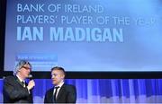 4 May 2013; Leinster's Ian Madigan, the Bank of Ireland Leinster Rugby Players' Player of the Year, is interviewed by Gunther Grun, aka comedian Barry Murphy, at the annual Leinster Rugby Awards Ball which took place in the Mansion House, Saturday evening where Ian Madigan was awarded the Bank of Ireland Leinster Rugby Players' Player of the Year. Barry Murphy was the Master of Ceremonies on a successful sold out night which saluted an outstanding year for the game of rugby in Leinster, with music by The Bentley Boys and The Keynotes. For more information log on to www.leinsterrugby.ie. Leinster Rugby Awards Ball 2013, The Mansion House, Dublin. Picture credit: Brendan Moran / SPORTSFILE
