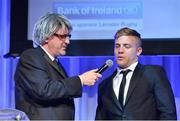 4 May 2013; Leinster's Ian Madigan, the Bank of Ireland Leinster Rugby Players' Player of the Year, is inteerviewed by Gunther Grun, aka comedian Barry Murphy, at the annual Leinster Rugby Awards Ball which took place in the Mansion House, Saturday evening where Ian Madigan was awarded the Bank of Ireland Leinster Rugby Players' Player of the Year. Barry Murphy was the Master of Ceremonies on a successful sold out night which saluted an outstanding year for the game of rugby in Leinster, with music by The Bentley Boys and The Keynotes. For more information log on to www.leinsterrugby.ie. Leinster Rugby Awards Ball 2013, The Mansion House, Dublin. Picture credit: Brendan Moran / SPORTSFILE