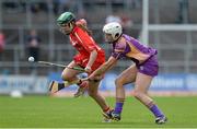 5 May 2013; Julia White, Cork, in action against Karen Atkinson, Wexford. Irish Daily Star National Camogie League Division 1 Final, Cork v Wexford, Nowlan Park, Kilkenny. Picture credit: Brendan Moran / SPORTSFILE
