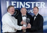 4 May 2013; Former Leinster great Eddie Coleman was inducted into the Guinness Hall of Fame to honour a lifetime's involvement at all levels of the game. He was educated in Terenure College and after he retired as a player, in a playing career which saw him gain interprovincial honours, he served on the Terenure College RFC executive and held the office of President of the club in season 1993/94. Eddie was elected President of the Leinster Branch in 1989/90, President of the IRFU in 2000/01 and acted as Chairman of both the Leinster and Ireland selectors. On and off the field his contribution to the game has been immense. Presenting the award to Eddie, centre, is Ben Gormley, left, President, Leinster Rugby and Rory Sheridan, Head of Sponsorship, Diageo Western Europe. For more information log on to www.leinsterrugby.ie. Leinster Rugby Awards Ball 2013, The Mansion House, Dublin. Picture credit: Brendan Moran / SPORTSFILE