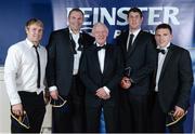 4 May 2013; Leinster's departing players, from left, Fionn Carr, Damian Browne, Mark Flanagan and Andrew Conway with Paul Deering, centre, Senior Vice President of the Leinster Branch, at the annual Leinster Rugby Awards Ball which took place in the Mansion House, Saturday evening where Ian Madigan was awarded the Bank of Ireland Leinster Rugby Players' Player of the Year. Barry Murphy was the Master of Ceremonies on a successful sold out night which saluted an outstanding year for the game of rugby in Leinster, with music by The Bentley Boys and The Keynotes. For more information log on to www.leinsterrugby.ie. Leinster Rugby Awards Ball 2013, The Mansion House, Dublin. Picture credit: Brendan Moran / SPORTSFILE