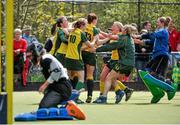 5 May 2013; The Railway Union players celebrate after the game which finished in a one-on-one shoot-out. Electric Ireland Irish Hockey League Women's Final, Loreto Hockey Club v Railway Union, Three Rock Rovers Hockey Club, Grange Road, Rathfarnham, Dublin. Picture credit: Pat Murphy / SPORTSFILE