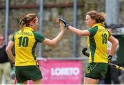 5 May 2013; Alex Speers, Railway Union, celebrates after scoring the first goal of the game with team-mate Jean McDonnell, left. Electric Ireland Irish Hockey League Women's Final, Loreto Hockey Club v Railway Union, Three Rock Rovers Hockey Club, Grange Road, Rathfarnham, Dublin. Picture credit: Pat Murphy / SPORTSFILE