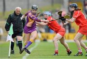 5 May 2013; Louise Hammell, Wexford, is forced over the sideline by Rena Buckley, Cork. Irish Daily Star National Camogie League Div 1 Final, Cork v Wexford, Nowlan Park, Kilkenny. Picture credit: Brendan Moran / SPORTSFILE