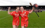 5 May 2013; Cork's Leah Weste, left, and Síle Burns celebrate their side's victory. Irish Daily Star National Camogie League Div 1 Final, Cork v Wexford, Nowlan Park, Kilkenny. Picture credit: Stephen McCarthy / SPORTSFILE