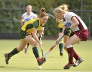 5 May 2013; Zara Delany, Railway Union, in action against Hannah Matthews, Loreto Hockey Club. Electric Ireland Irish Hockey League Women's Final, Loreto Hockey Club v Railway Union, Three Rock Rovers Hockey Club, Grange Road, Rathfarnham, Dublin. Picture credit: Pat Murphy / SPORTSFILE