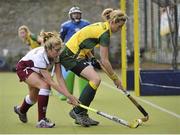 5 May 2013; Holy Jenkinson, Railway Union, in action against Nikki Keegan, Loreto Hockey Club. Electric Ireland Irish Hockey League Women's Final, Loreto Hockey Club v Railway Union, Three Rock Rovers Hockey Club, Grange Road, Rathfarnham, Dublin. Picture credit: Pat Murphy / SPORTSFILE