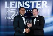 4 May 2013; Leinster's Isa Nacewa is presented with the Conrad Hotel Tackle of Year by Martin Mangan, Geneal Manager, Conrad Hotel, for a tackle made on Stuart Olding against Ulster in the RDS recently. For more information log on to www.leinsterrugby.ie. Leinster Rugby Awards Ball 2013, The Mansion House, Dublin. Picture credit: Brendan Moran / SPORTSFILE