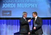 4 May 2013; MC Gunther Grun, aka comedian Barry Murphy, interviews Powerade Young Player of the Year Jordi Murphy at the annual Leinster Rugby Awards Ball which took place in the Mansion House, Saturday evening where Ian Madigan was awarded the Bank of Ireland Leinster Rugby Players' Player of the Year. Barry Murphy was the Master of Ceremonies on a successful sold out night which saluted an outstanding year for the game of rugby in Leinster, with music by The Bentley Boys and The Keynotes. For more information log on to www.leinsterrugby.ie. Leinster Rugby Awards Ball 2013, The Mansion House, Dublin. Picture credit: Brendan Moran / SPORTSFILE