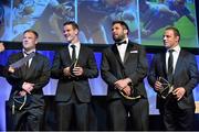 4 May 2013; Departing Leinster players, from left, Tom Sexton, Jonathan Sexton, Jamie Hagan and Heinke van der Merwe at the annual Leinster Rugby Awards Ball which took place in the Mansion House, Saturday evening where Ian Madigan was awarded the Bank of Ireland Leinster Rugby Players' Player of the Year. Barry Murphy was the Master of Ceremonies on a successful sold out night which saluted an outstanding year for the game of rugby in Leinster, with music by The Bentley Boys and The Keynotes. For more information log on to www.leinsterrugby.ie. Leinster Rugby Awards Ball 2013, The Mansion House, Dublin. Picture credit: Brendan Moran / SPORTSFILE