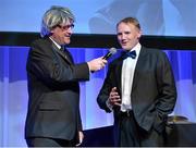 4 May 2013; MC Gunther Grun, aka comedian Barry Murphy, interviews head coach Joe Schmidt at the annual Leinster Rugby Awards Ball which took place in the Mansion House, Saturday evening where Ian Madigan was awarded the Bank of Ireland Leinster Rugby Players' Player of the Year. Barry Murphy was the Master of Ceremonies on a successful sold out night which saluted an outstanding year for the game of rugby in Leinster, with music by The Bentley Boys and The Keynotes. For more information log on to www.leinsterrugby.ie. Leinster Rugby Awards Ball 2013, The Mansion House, Dublin. Picture credit: Brendan Moran / SPORTSFILE