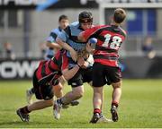 6 May 2013; Andrew Devine, Navan, is tackled by Dermot Hickey, left, and Jamie Cronly, Tullamore. Leinster Rugby Youths Finals Day Under-15 Final, Navan v Tullamore, Donnybrook Stadium, Donnybrook, Dublin. Picture credit: Pat Murphy / SPORTSFILE