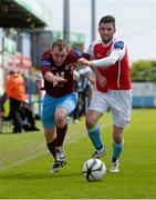 6 May 2013; Stephen Quigley, Drogheda United, in action against Killian Brennan, St. Patrick’s Athletic. Airtricity League Premier Division, Drogheda United v St. Patrick’s Athletic, Hunky Dorys Park, Drogheda, Co. Louth. Photo by Sportsfile