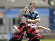 6 May 2013; Graham Brennan, Navan, is tackled by Jamie Lynam, left, and Sean McCabe, Tullamore. Leinster Rugby Youths Finals Day Under-15 Final, Navan v Tullamore, Donnybrook Stadium, Donnybrook, Dublin. Picture credit: Pat Murphy / SPORTSFILE