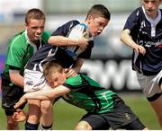 6 May 2013; Dean Brophy, Portlaoise, is tackled by Jack Sargent, Naas. Leinster Rugby Youths Finals Day Under-13 Final, Naas v Portlaoise, Donnybrook Stadium, Donnybrook, Dublin. Picture credit: Pat Murphy / SPORTSFILE
