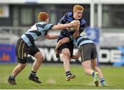 6 May 2013; Broinn Coffey, Wexford Wanderers, is tackled by Shane Walshe, left, and Ronan Meegan, Navan. Leinster Rugby Youths Finals Day Under-17 Final, Navan v Wexford Wanderers, Donnybrook Stadium, Donnybrook, Dublin. Picture credit: Pat Murphy / SPORTSFILE