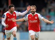 6 May 2013; St. Patrick’s Athletic's Christy Fagan, right, celebrates after scoring his side's first goal with team-mate Killian Brennan. Airtricity League Premier Division, Drogheda United v St. Patrick’s Athletic, Hunky Dorys Park, Drogheda, Co. Louth. Photo by Sportsfile