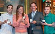 7 May 2013; Ireland's Olympic medallists from the London 2012 Olympic Games were presented with their International Olympic Committee lapel pins at a special ceremony in the Mansion House Dublin. In attendance with their lapel pins are, from left, Michael Conlon, Katie Taylor, Cian O'Connor and Paddy Barnes. Mansion House, Dublin. Picture credit: Brendan Moran / SPORTSFILE