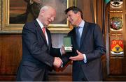 7 May 2013; Ireland's Olympic medallists from the London 2012 Olympic Games were presented with their International Olympic Committee lapel pins at a special ceremony in the Mansion House Dublin. Pictured is Lord Coe, Chairman, British Olympic Association, receiving the Olympic Council of Ireland Medal of Honour from Pat Hickey, President, Olympic Council of Ireland. Mansion House, Dublin. Picture credit: Brendan Moran / SPORTSFILE