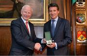 7 May 2013; Ireland's Olympic medallists from the London 2012 Olympic Games were presented with their International Olympic Committee lapel pins at a special ceremony in the Mansion House Dublin. Pictured is Lord Coe, Chairman, British Olympic Association, receiving the Olympic Council of Ireland Medal of Honour from Pat Hickey, President, Olympic Council of Ireland. Mansion House, Dublin. Picture credit: Brendan Moran / SPORTSFILE