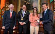 7 May 2013; Ireland's Olympic medallists from the London 2012 Olympic Games were presented with their International Olympic Committee lapel pins at a special ceremony in the Mansion House Dublin. Pictured is Katie Taylor receiving her pin from Lord Coe, Chairman, British Olympic Association, in the company of Pat Hickey, President, Olympic Council of Ireland, Lord Mayor of Dublin, Naoise Ó Muirí. Mansion House, Dublin. Picture credit: Brendan Moran / SPORTSFILE